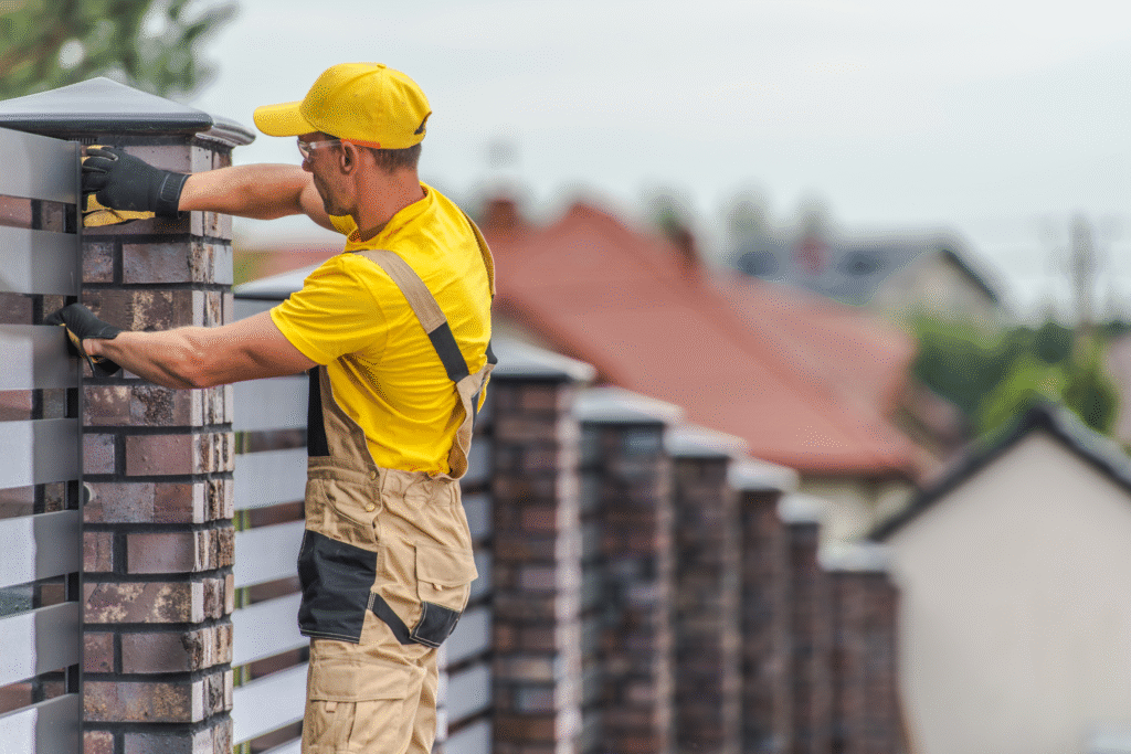 A fence contractor repairing a fence A fence contractor repairing a fence