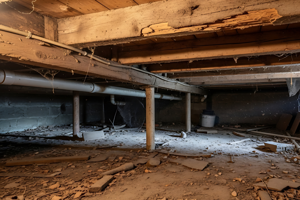 Damaged crawl space in need of remediation